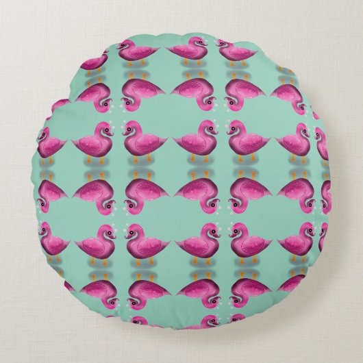Cute Kawaii Roze Eend & Hartjes Nursery Kunst Rond Kussen (Voorkant)
