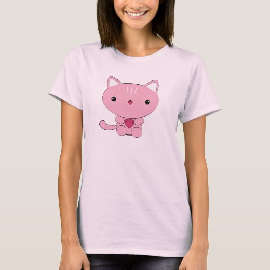 Cute kawaii Roze Kat met Hart Organic T shirt (Voorkant)