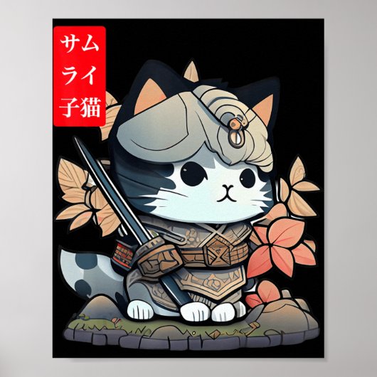Cute Kawaii Samurai Warrior Kawaii Cat Japans Poster (Voorkant)