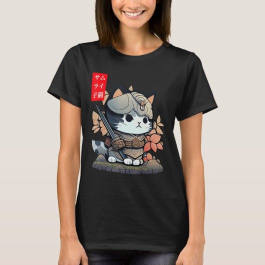 Cute Kawaii Samurai Warrior Kawaii Cat Japans T-shirt (Voorkant)
