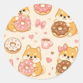 Cute Kawaii Shiba Inu Donut Pattern Ronde Sticker