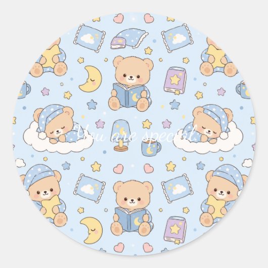 Cute Kawaii Sleepy Teddy Bear Pattern | Pastel Bed Ronde Sticker (Voorkant)
