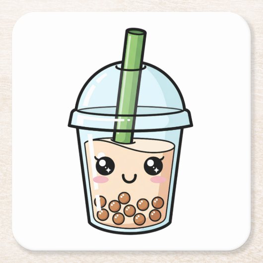 Cute Kawaii Smiling Boba Tea Kartonnen Onderzetters (Voorkant)