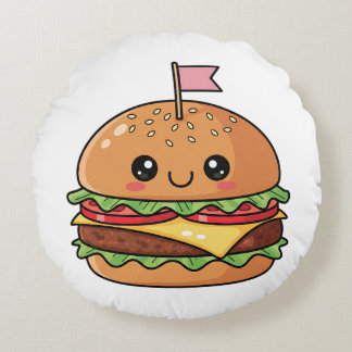 Cute Kawaii Smiling Cheeseburger Illustration Rond Kussen