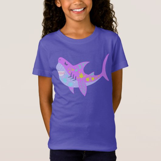 Cute Kawaii Smiling Shark in Paars en blauw T-shirt (Voorkant)