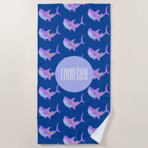 Cute Kawaii Smiling Shark Pattern Paars Blue Name Strandlaken