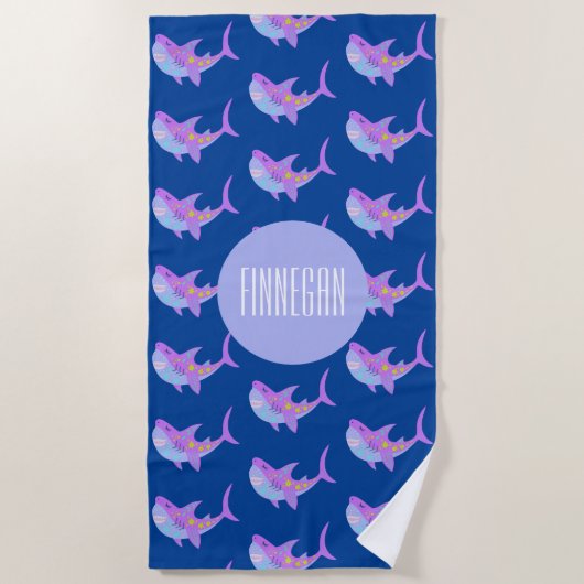 Cute Kawaii Smiling Shark Pattern Paars Blue Name Strandlaken (Voorkant)