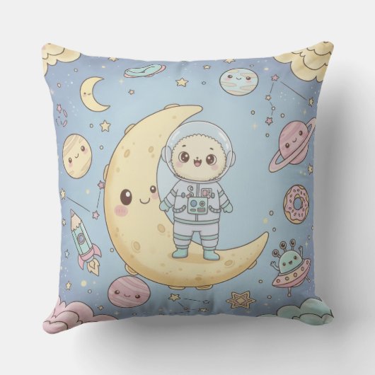 Cute Kawaii Space - Astronaut and Smiling Moon Kussen (Achterkant)