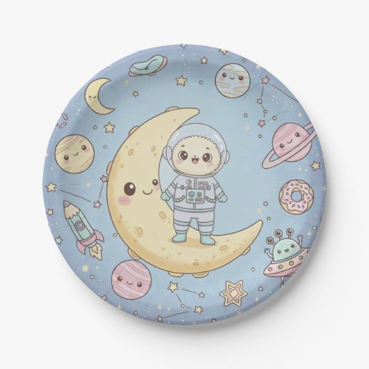 Cute Kawaii Space - Astronaut and Smiling Moon Papieren Bordje (Voorkant)