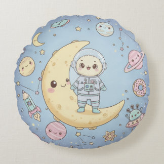 Cute Kawaii Space - Astronaut and Smiling Moon Rond Kussen