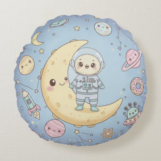 Cute Kawaii Space - Astronaut and Smiling Moon Rond Kussen (Voorkant)