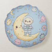 Cute Kawaii Space - Astronaut and Smiling Moon Rond Kussen (Achterkant)