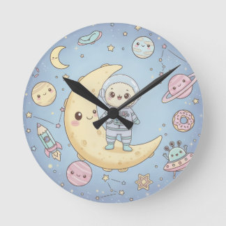 Cute Kawaii Space - Astronaut and Smiling Moon Ronde Klok