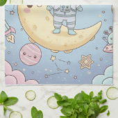 Cute Kawaii Space - Astronaut and Smiling Moon Theedoek (Gevouwen)