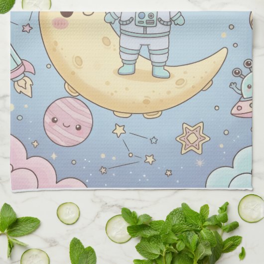 Cute Kawaii Space - Astronaut and Smiling Moon Theedoek (Gevouwen)