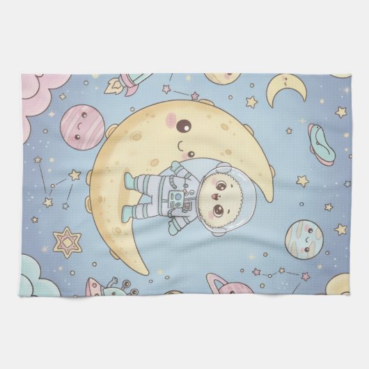 Cute Kawaii Space - Astronaut and Smiling Moon Theedoek (Horizontaal)