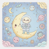 Cute Kawaii Space - Astronaut and Smiling Moon Vierkante Sticker (Voorkant)
