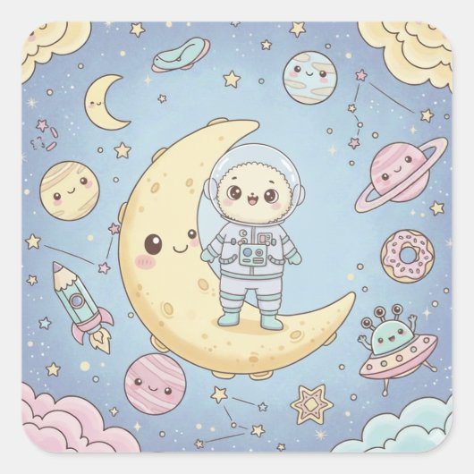 Cute Kawaii Space - Astronaut and Smiling Moon Vierkante Sticker (Voorkant)