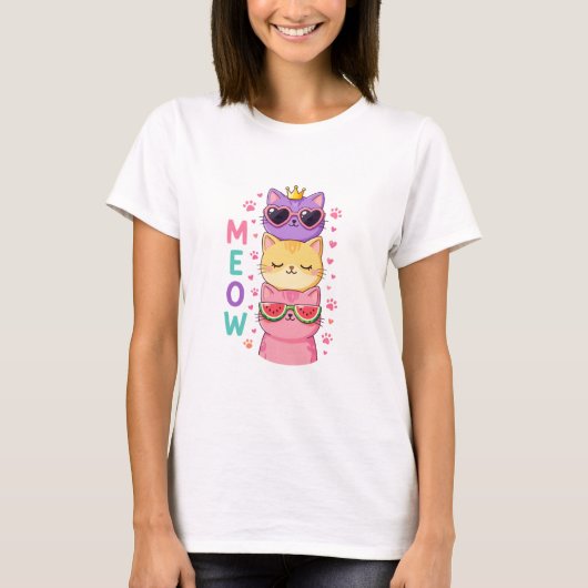 Cute Kawaii Stacked Cats Sunglasses Meow T-shirt (Voorkant)
