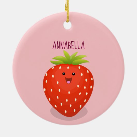 Cute kawaii strawberry cartoon illustration keramisch ornament (Achterkant)