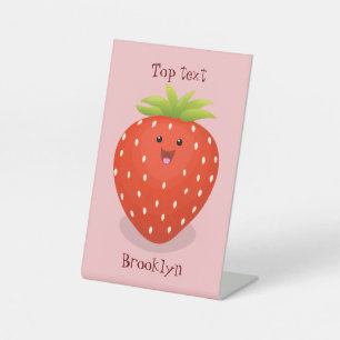 Cute kawaii strawberry cartoon illustration reclamebord met voetstuk
