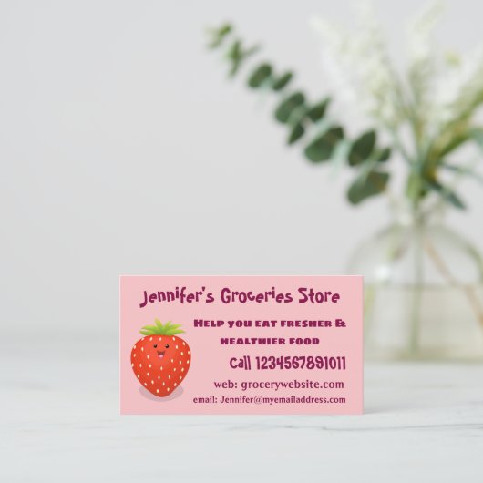 Cute kawaii strawberry cartoon illustration visitekaartje (Staand voorkant)