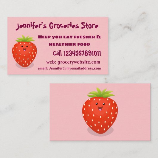 Cute kawaii strawberry cartoon illustration visitekaartje (Voorkant / Achterkant)