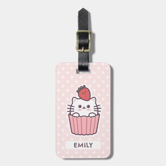 Cute Kawaii Strawberry Cat Cupcake Cartoon Bagagelabel (Voorkant verticaal)