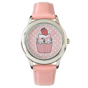 Cute Kawaii Strawberry Cat Cupcake Cartoon Horloge