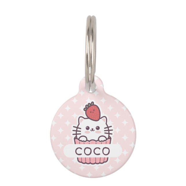 Cute Kawaii Strawberry Cat Cupcake Cartoon Huisdierpenning (Voorkant)