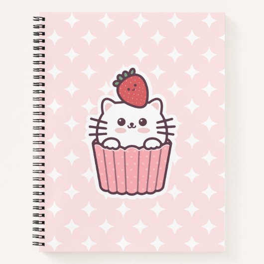 Cute Kawaii Strawberry Cat Cupcake Cartoon Notitieboek (Voorkant)