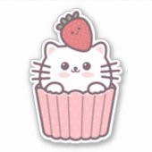 Cute Kawaii Strawberry Cat Cupcake Cartoon Sticker (Voorkant)