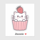 Cute Kawaii Strawberry Cat Cupcake Cartoon Sticker (Vel)