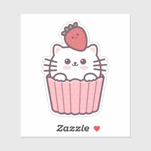 Cute Kawaii Strawberry Cat Cupcake Cartoon Sticker (Vel)