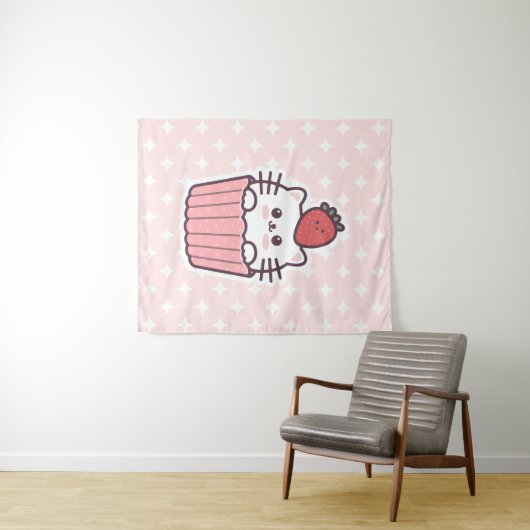 Cute Kawaii Strawberry Cat Cupcake Cartoon Wandkleed (In Situ (horizontaal))