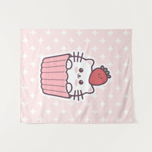 Cute Kawaii Strawberry Cat Cupcake Cartoon Wandkleed (Voorkant (horizontaal))