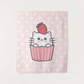 Cute Kawaii Strawberry Cat Cupcake Cartoon Wandkleed (Voorkant)