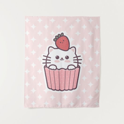 Cute Kawaii Strawberry Cat Cupcake Cartoon Wandkleed (Voorkant)