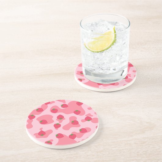 Cute Kawaii Strawberry Koe Pattern Zandsteen Onderzetter (Zijkant)