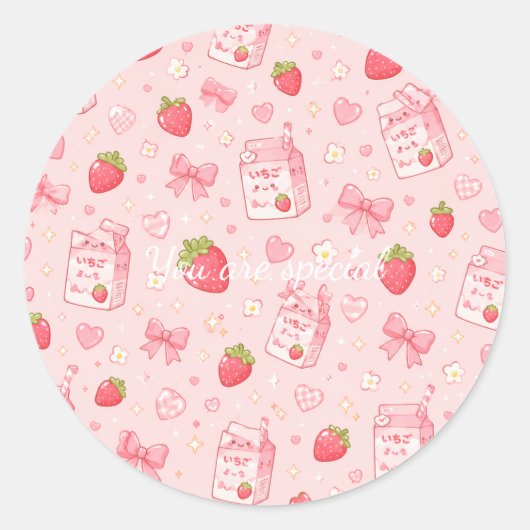 Cute Kawaii Strawberry Pattern Pink Past Ronde Sticker (Voorkant)