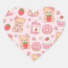 Cute Kawaii Strawberry Teddy Bear Pattern | Pink  Hart Sticker