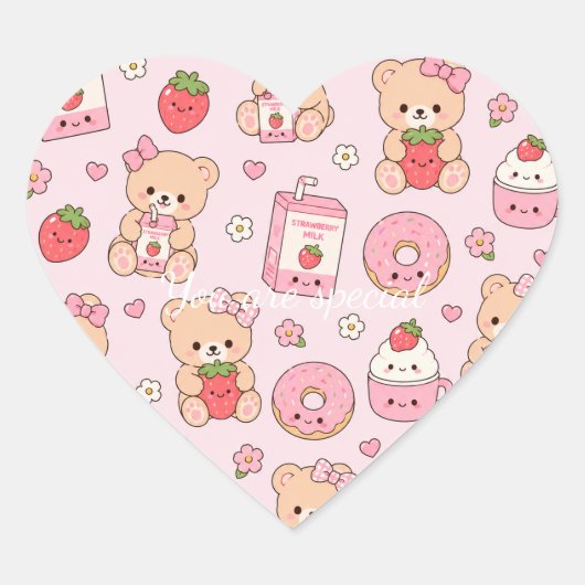 Cute Kawaii Strawberry Teddy Bear Pattern | Pink Hart Sticker (Voorkant)