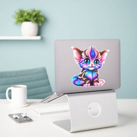 Cute Kawaii Striped Baby Kitten Sticker (Laptop op bureau)