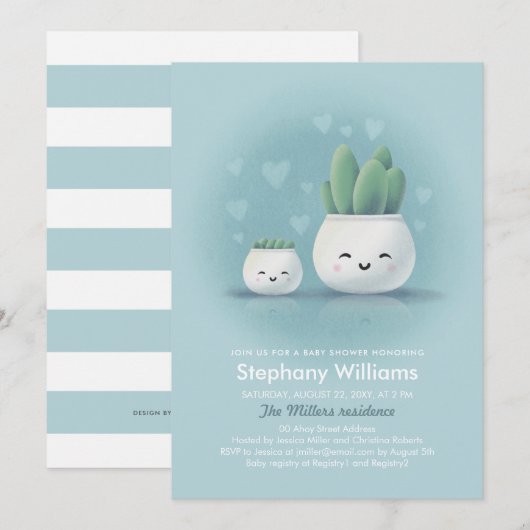 Cute Kawaii Succulent Boy Blue Baby shower Invitat Kaart (Voorkant / Achterkant)