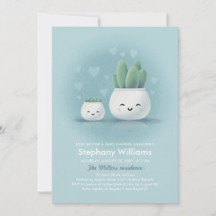 Cute Kawaii Succulent Boy Blue Baby shower Invitat Kaart