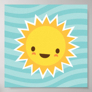 Cute kawaii sun cartoon op blauw kind poster