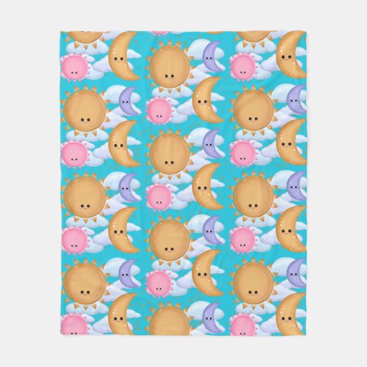 Cute Kawaii Sun Moon Cloud Gold Blue Pink Fleece Deken (Voorkant)