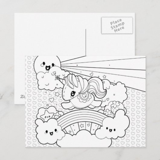Cute Kawaii Sunny Unicorn kleurkapblad Briefkaart (Voorkant / Achterkant)