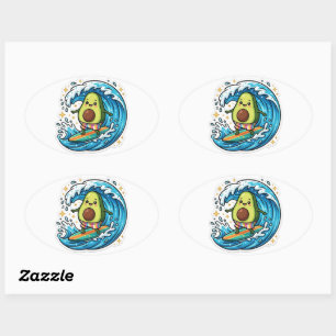 Cute Kawaii Surfende Avocado Oceaangolf ZomerStick Ovale Sticker