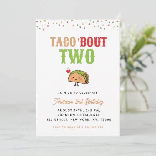 Cute Kawaii Taco Bout Two 2nd Birthday Kind Party Kaart (Staand voorkant)